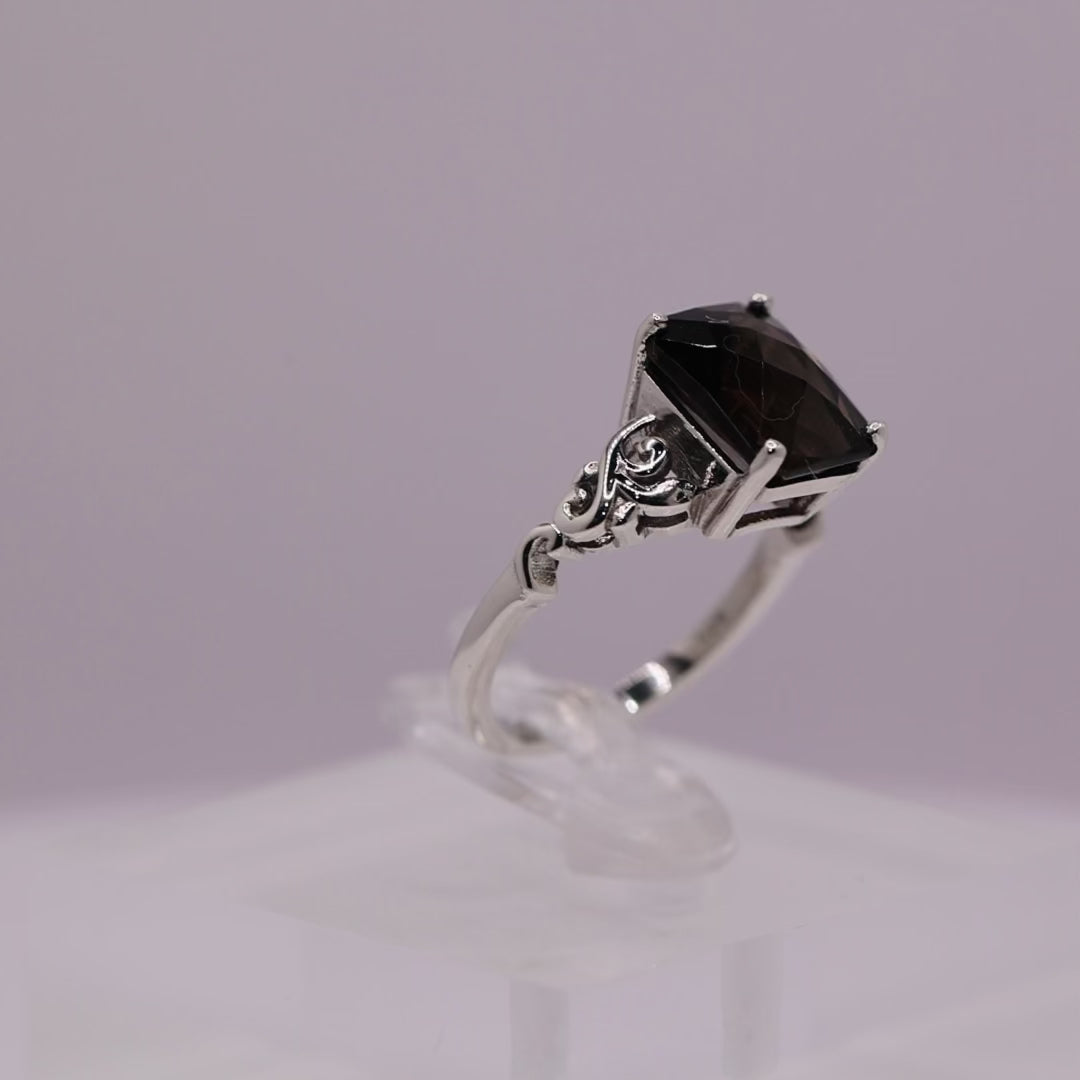 925 Sterling Silver Checkerboard Emerald-Cut Smokey Brown Quartz Ring - Size 5.75