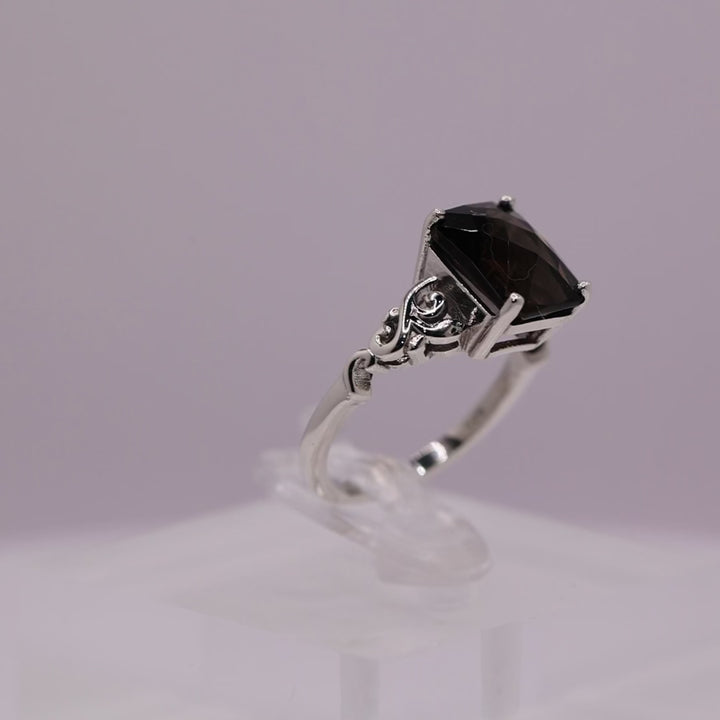 925 Sterling Silver Checkerboard Emerald-Cut Smokey Brown Quartz Ring - Size 5.75