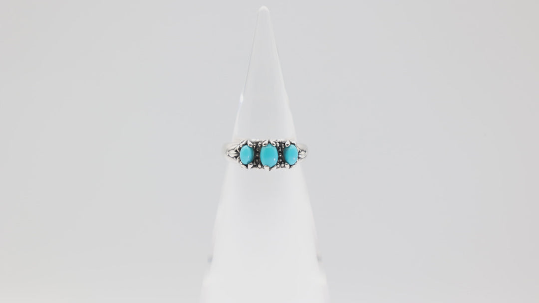 925 Silver Three Turquoise Stone Six Millimeter by Four Millimeter Ring Size Seven Point Seven Five