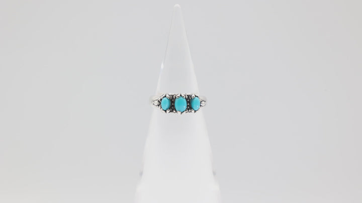 925 Silver Three Turquoise Stone Six Millimeter by Four Millimeter Ring Size Seven Point Seven Five
