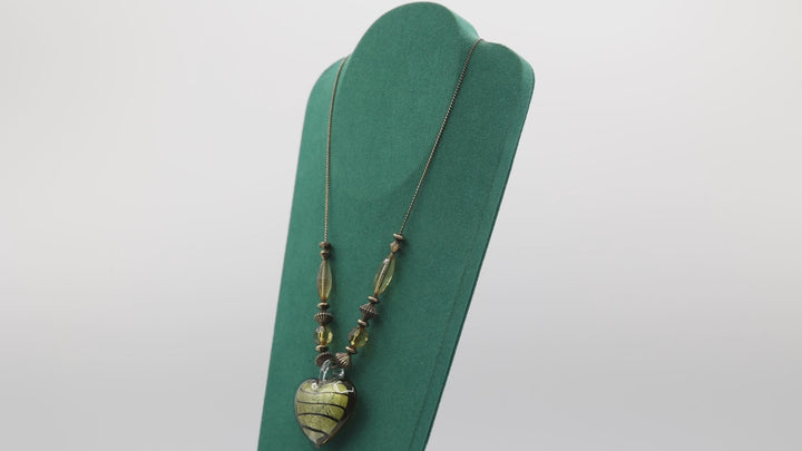 Puffy Heart Green Glass Pendant and Beaded Copper Necklace