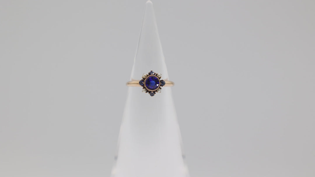 14K Yellow Gold Blue Sapphire and Pearl Ring Size 6