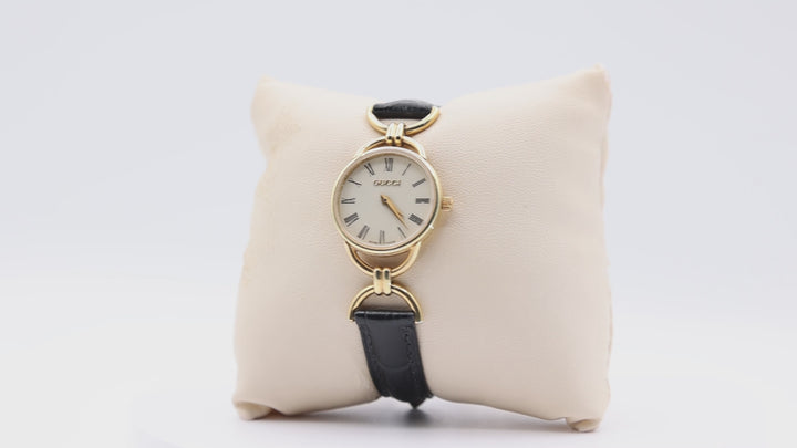 Gucci Women's Vintage Gold Tone Dainty Watch with Black Leather Strand