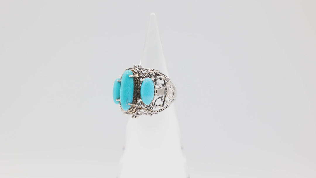 925 Sterling Silver 3 Oval Turquoise Stones with Antique Swirls Ring Size 9.75