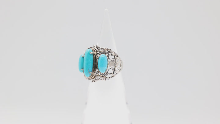 925 Sterling Silver 3 Oval Turquoise Stones with Antique Swirls Ring Size 9.75