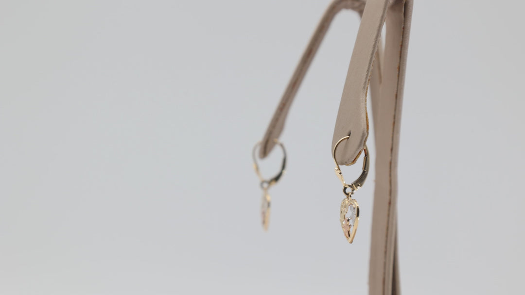 14K Three Tone Gold Filigree Heart Dangle Earrings For Kids