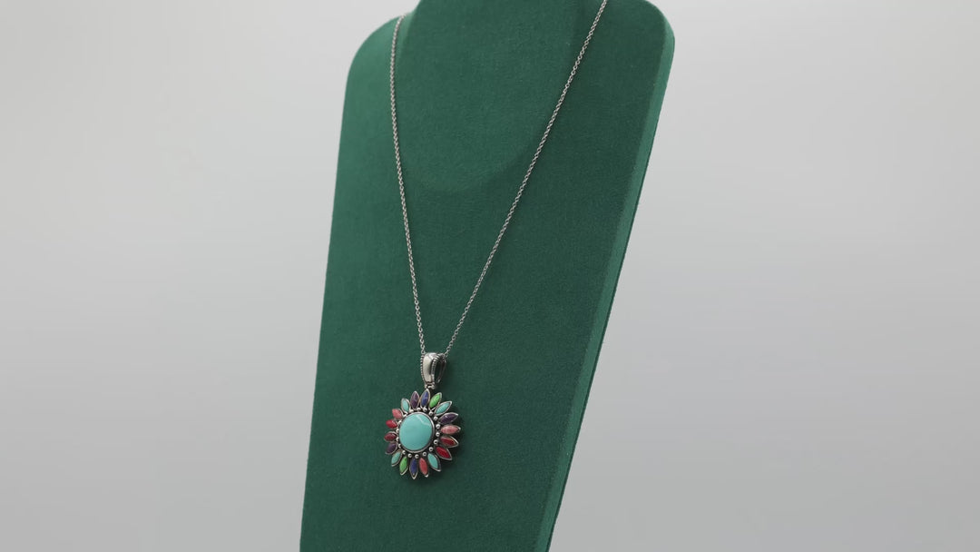 925 Sterling Silver Southwestern Turquoise Multicolor Sunburst Cluster Necklace