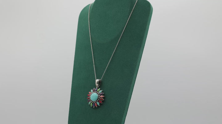 925 Sterling Silver Southwestern Turquoise Multicolor Sunburst Cluster Necklace